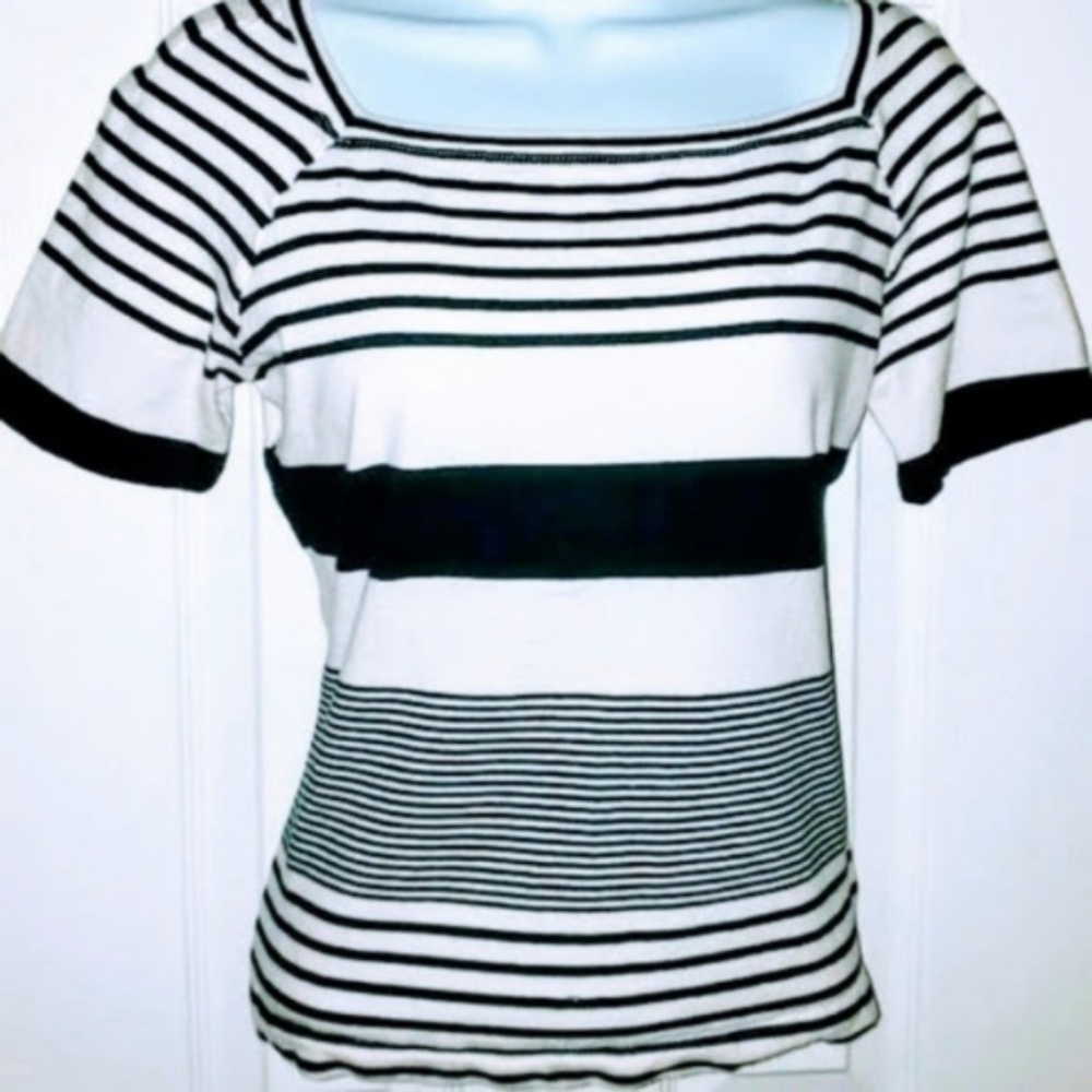 St. John Black and White Striped Knit Top Med